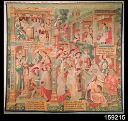 Scener från Life of St. Remigius (d.533) biskop av Reims: The Miracle of the Rich Mans Testament and the Resurrection of a Dead Man, 1531