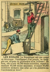 Skolor, som illustrerar den tredje republikens fördelar för utvecklingen av utbildning i skolor. Gravyr, i "" Le Figaro, tillägg"", den 30/03/1889, Paris. Coll. Selva.
