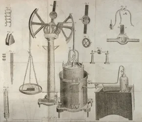 Vetenskaplig utrustning, från The Elements of Chemistry av Antoine Laurent de Lavoisier (1743-94) graverad av D. Lizars, 1796