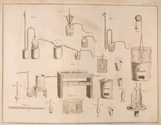 Vetenskaplig utrustning, från The Elements of Chemistry av Antoine Laurent de Lavoisier (1743-94) graverad av D.Lizars, 1796