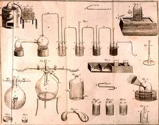 Vetenskaplig utrustning, från The Elements of Chemistry av Antoine Laurent de Lavoisier (1743-94) graverad av D.Lizars, 1796