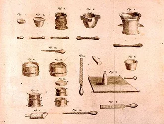 Vetenskaplig utrustning, från The Elements of Chemistry av Antoine Laurent de Lavoisier (1743-94) graverad av D.Lizars, 1796
