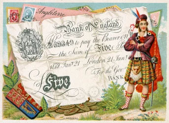 Skotsk soldat som vaktar en fem pundssedel från Bank of England, 1886-95