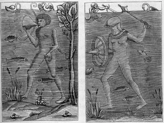 Sjösoldat: dykaren och vapenmannen. Gravyrer från träfigurer från 1500-talet. I "La Marine et les colonies: handel"