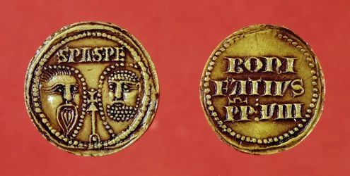 Sigill med St. Pauls och St. Peters huvuden, från en tjur av påven Bonifatius VIII, recto and verso, 1295 (vax)