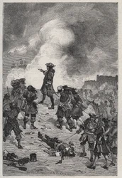 Sebastian the Prestre herre av Vauban (1633-1717), marechal av Frankrike försvarar Brest mot en attack av den engelska flottan 1695 - gravyr i "Les Hommes Celebres de la France" av Louis Dumas 1889
