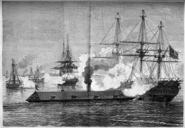 Secessionskrig (1861-1865) eller amerikanska inbördeskriget - sjöslaget vid Newport News (Virginia) - 8-9 mars