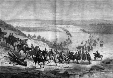 Secession War (1861-1865) eller amerikanska inbördeskriget: korsning av Potomac av General Stuarts södra kavalleri. Gravyr i "" Le Monde Illustré"" nr 293 den 22 november