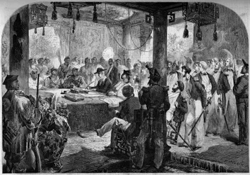 Andra opiumkriget mellan Frankrike, England och Kina (1858-1860) - undertecknandet av Tianjinfördraget (Tientsin) 1858: engelska och franska ambassadörer Lord Elgin (James Bruce