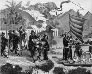 Andra opiumkriget mellan Frankrike, England och Kina (1858-1860): Kinesisk karikatyr av konflikten. En båt är redo att närma sig kusten under en grupp kinesers hånfulla blickar. Ombord på båten finns två gestalter som representerar Frankrike (till