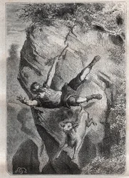 Selkirk rullade upp och ner med sitt byte; ett äventyr av Alexandre Selkirk (Alexander Selcraig) (1676-1721), en skotsk sjöman övergiven på ön Juan-Fernandez i Stilla havet i fyra år, vars äventyr inspirerade Daniel Defoes roman Rob