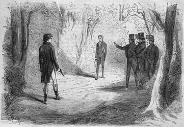 Serieroman: ""Rik och fattig"" av Emile Souvestre (1806-1854). Duellen mellan Boissard och Larry. Gravyr i "" Les bons romances""
