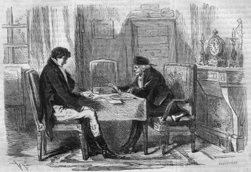Serieroman: ""Rik och fattig"" av Emile Souvestre (1806-1854). Två män pratade: "Skrupler torterade aldrig någon." Gravyr i "" Les bons romances""