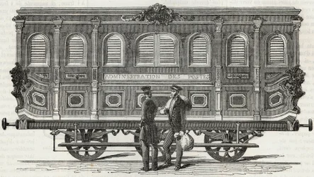 Postkontor - exteriörvy av det mobila kontoret - Gravyr i "Tableau-de-Paris" av Edmond Texier 1852
