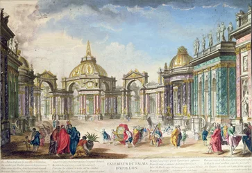 Scenografi för exteriören av Apollos Palace, publicerad i Paris, 1748