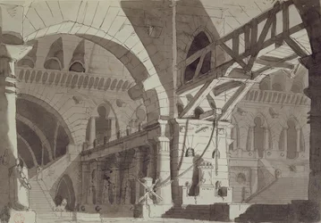 Scenografi i stil med Piranesis fängelseteckningar, ca 1800 (penna, bläck och tvätt)