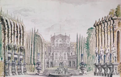 Scenografi av ett palats för en teater, ca 1660-80 (penna & bläck och wc på papper)