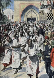 Shiitiska muslimer på pilgrimsfärd till Karbala (Irak), vid Husayns grav - "Le Petit journal", april 1909 (gravyr)