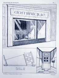 Butiksfront, skylt 2, illustration från Devantures de Boutiques av Louis-Pierre Sezille, Paris, 1927