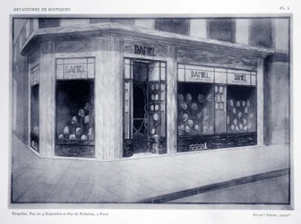 Butiksfront, skylt 4, illustration från Devantures de Boutiques av Louis-Pierre Sezille, Paris, 1927