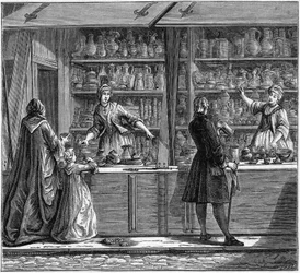 Butik med en plåtkeramiker på 1700-talet. Gravyr i "La Marine et les colonies: handel"