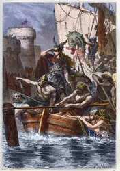 Belägringen av Paris (885-887): normandernas (vikingarnas) invasion år 886 - vikingaplundraren Rollo (Rollon) Skogvaktaren angriper Paris via Seine år 885 e.Kr. - gravyr ur «Histoire de France racontée à mes petits-enfants» - av François Guizot - 1872-1876