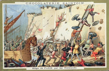 Belägring av Paris av normanderna på 900-talet, reklam för Chocolaterie Saintoin, ca 1900
