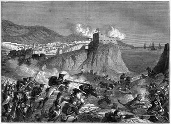 Belägring av Ragusa (Republiken Ragusa) (Ragusa på kroatiska Dubrovnik) under Napoleonkrigen i maj och juni 1806 (Dalmatienkampanj av general Molitor och Lauriston) - i "" Historia om imperiet efter konsulatets historia"" av Adolphe Thier