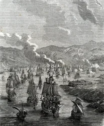 Belägringen av Toulon ägde rum mellan 29 juli och 21 augusti 1707 under det spanska tronföljdskriget när en allierad land- och sjöstyrka belägrade den franska flottbasen i Toulon (gravyr)