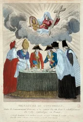 Underskrift av 1801 års konkordat den 15/07/1801: det är undertecknat mellan den franska regeringen (här representerad av Joseph Bonaparte) och Saint Siege (representerad av kardinal Consalvi för påven Pius VII). 1801 Paris, Musée Carnavalet