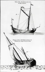 Skiss av båtar: en yacht eller yac och en hourque eller hollock, som är en liten båt som uppfanns av holländarna för att navigera i kanalerna - i "" Diderot encyclopedia"", vol 7 Marine, gravyr, Bibl. Mazarin.