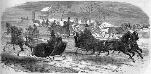 Släde i New York (New York), USA (USA), vintern 1858. Gravyr i "" Le Monde Illustré"" nr 47 av 6 mars 1858.