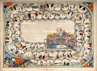 Snakes and ladders board baserat på den franska revolutionen, 1791