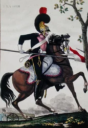 Soldat från det franska hushållskavalleriet under imperiets period (färg litho)