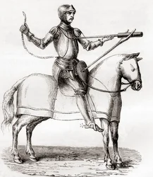 Soldat till häst med en handbombard, sent 1300-tal och tidigt 1400-tal, efter en teckning från manuskriptet av Marianus Jacobus, från Les Merveilles de la Science, publicerad ca 1870 (gravyr)