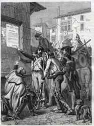 Soldater, dina behov är stora: franska soldater läser general Bonapartes proklamation i november 1799 - gravyr från 1865 i "Histoire du Consulate et de l