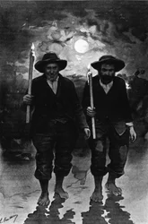 Källa och sjuka: två män, en natt fullmåne, var och en med ett ljus och går barfota (procession?) - i "Journal des voyages"