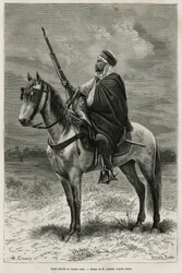 Spahi, effektiv ryttare och fruktan som bidrar till erövringen av Algeriet, i tjänst för Frankrike, lösgör sig vid det arabiska kontoret och graverar efter en teckning av H. Charles för att illustrera historien Tebessa och dess monument (Algeriet), av A. H