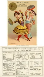 Spanska barn som dansar med tamburiner gjorda av pesetas, från en serie reklamkort på valutor i olika länder, publicerade i Paris av Vieillemard för användning av Chocolat Ibled, 1886-95