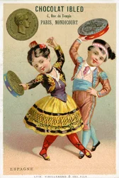 Spanska barn som dansar med tamburiner gjorda av pesetas, från en serie reklamkort på valutor i olika länder, publicerade i Paris av Vieillemard för användning av Chocolat Ibled, 1886-95