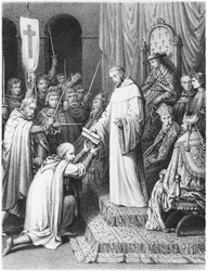 Sankt Bernhard, abbot i Clairvaux, ger tempelriddarna deras regler
