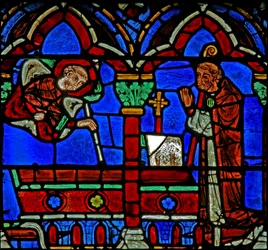 St Cheron-fönster: visar sig för en abbot vid hans grav (w15)