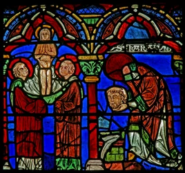 St Cheron fönster: bär huvudet till fontänen i St Mesme; hans själ stiger upp (w15)