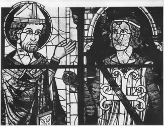 St. Denis ger oriflammen till riddaren Clement (marechal av Metz), detalj, sydros Förhärligande av vår Herre Jesus Kristus,