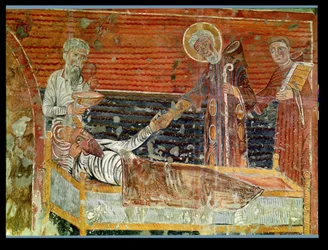 St. Severinus (d.507) botar Clovis I (465-511) kopia av ett original från 1100-talet i Chateau-Landon-kyrkan (se även 240221)