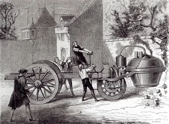 Ångdriven bil uppfunnen av Nicolas Joseph Cugnot (1725-1804) år 1771, 1886