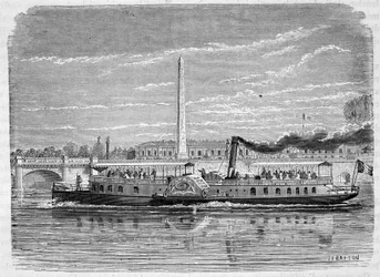 Ångbåt (hjulad) avsedd att utföra omnibustjänsten på Seine i Paris under världsutställningen 1867 - gravyr, sent 1800-tal