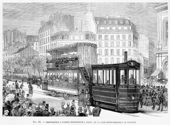 Ångdragare för erfarna spårvägsvagnar i Paris, från Montparnasse station till Bastille - i "" The new conquests of science"" av Louis Figuier