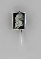 Stickpin with Portrait of a Man, ca 1780 (akvarell på elfenben, gesso, veläng, 23 k guld, hår och glas)