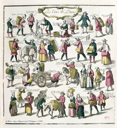 Gatuförsäljare i Paris, sent 1600-tal (färggravyr)